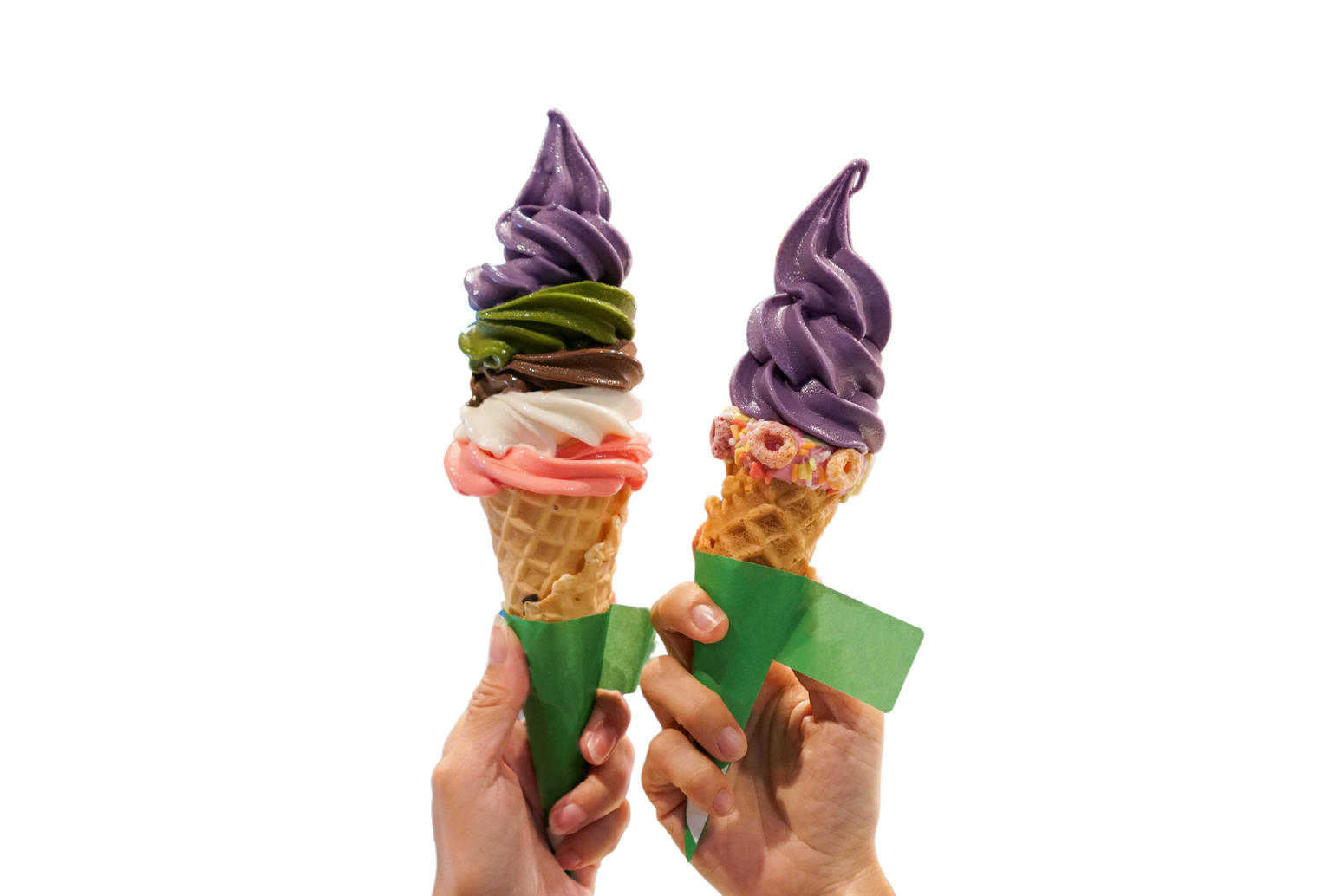 Rainbow soft serve ice cream tower.