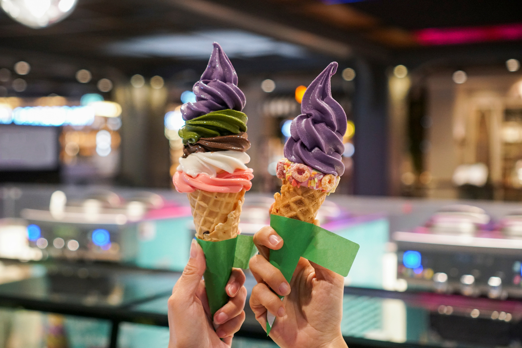 Rainbow soft serve ice cream tower.